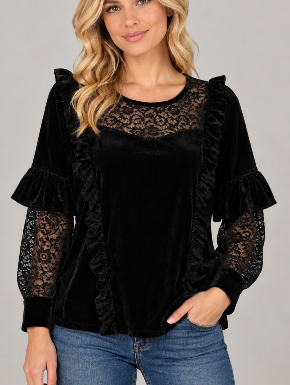 POL Velvet Lace Ruffle Witchy Goth Castlecore Long Sleeve Oversized Blouse